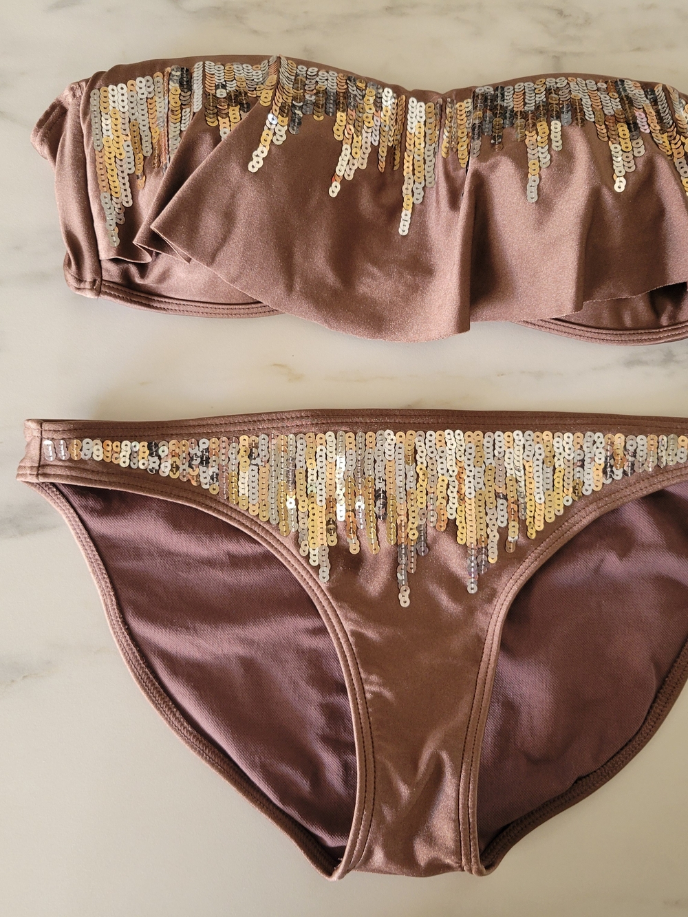 VTG Miss Me Y2K Bronze Sequin Bikini Set M Top S Bottom